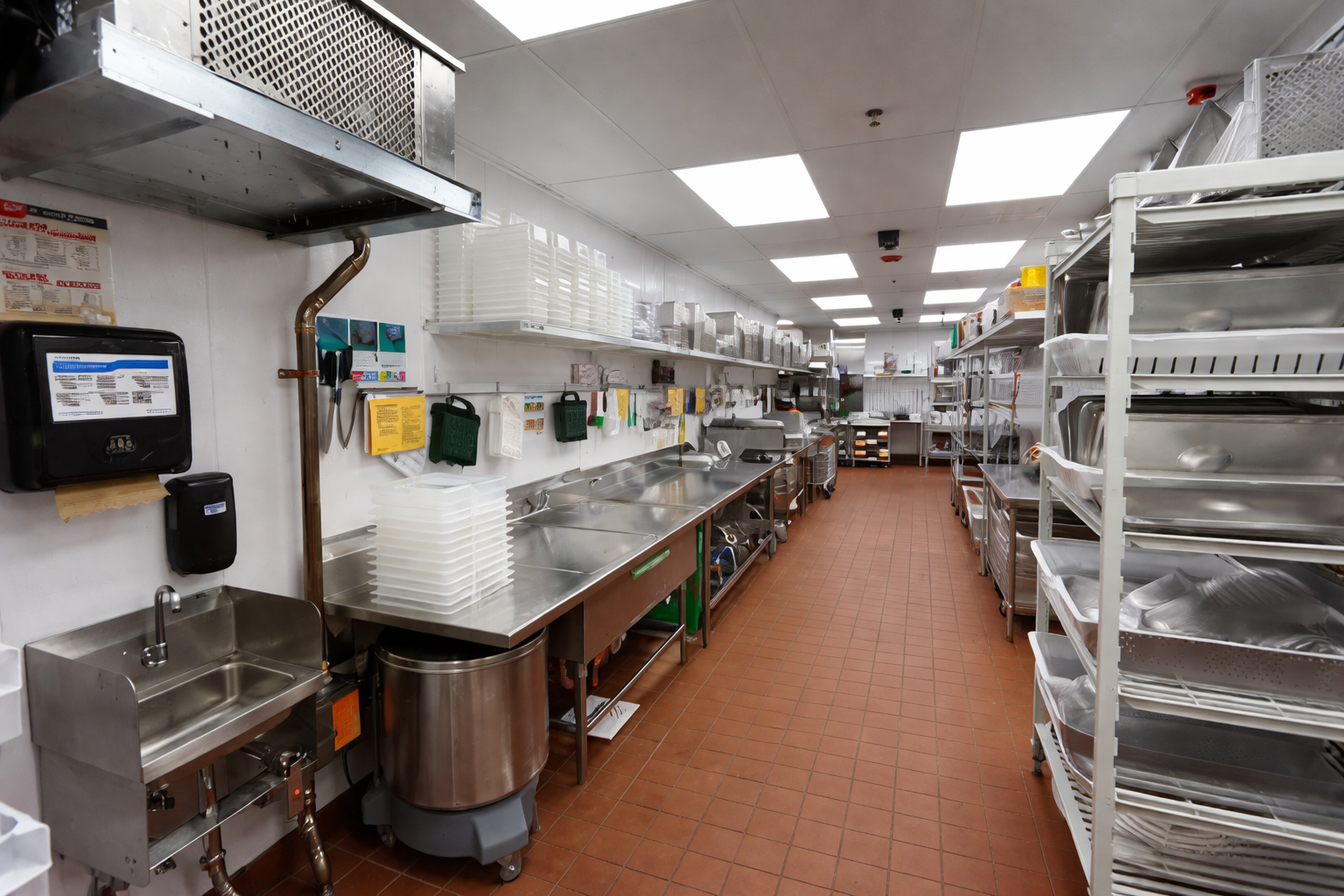 Commercial restaurant kitchen at Texas Roadhouse Mount Dora, Florida, featuring stainless steel prep tables, shelving, hand sinks, tiled floors, and organized back-of-house workstations ready for operation.