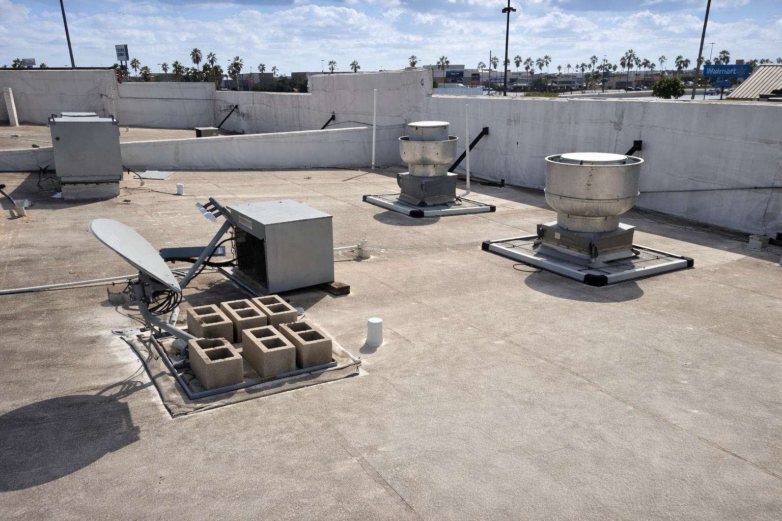 Commercial rooftop with ventilation fans, satellite dish, and HVAC equipment during restaurant renovation in progress