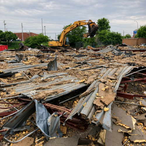 Commercial demolition in Beavercreek, Ohio showing heavy equipment and crews removing an existing TGI Fridays structure during early phases of a complete tear-down and ground-up new Bubba’s 33 construction project.
