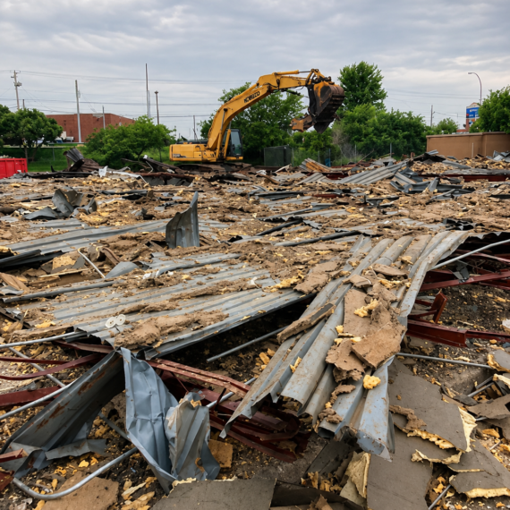 Commercial demolition in Beavercreek, Ohio showing heavy equipment and crews removing an existing TGI Fridays structure during early phases of a complete tear-down and ground-up new Bubba’s 33 construction project.